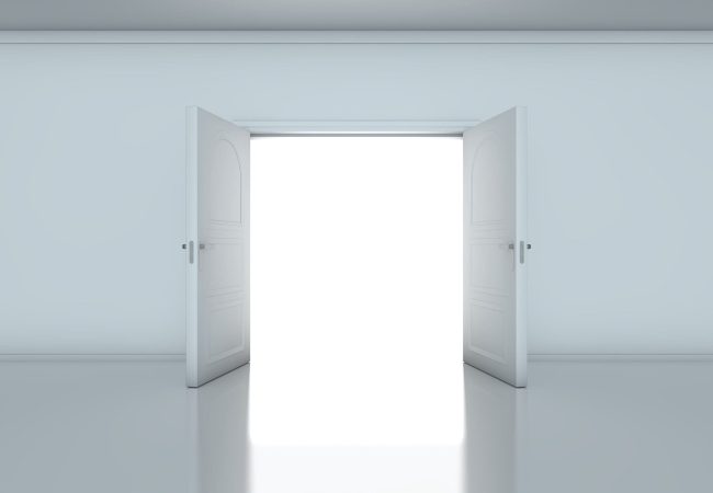 3D render of light in empty room through the opened doors. Doorway revealing bright light in dull grey room.